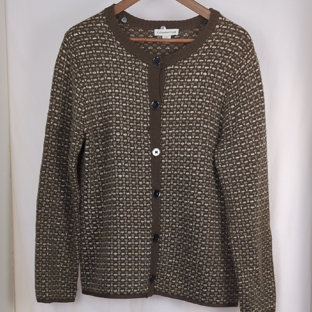 COLDWATER CREEK Women's Brown Wool Tweed Button Front Sweater